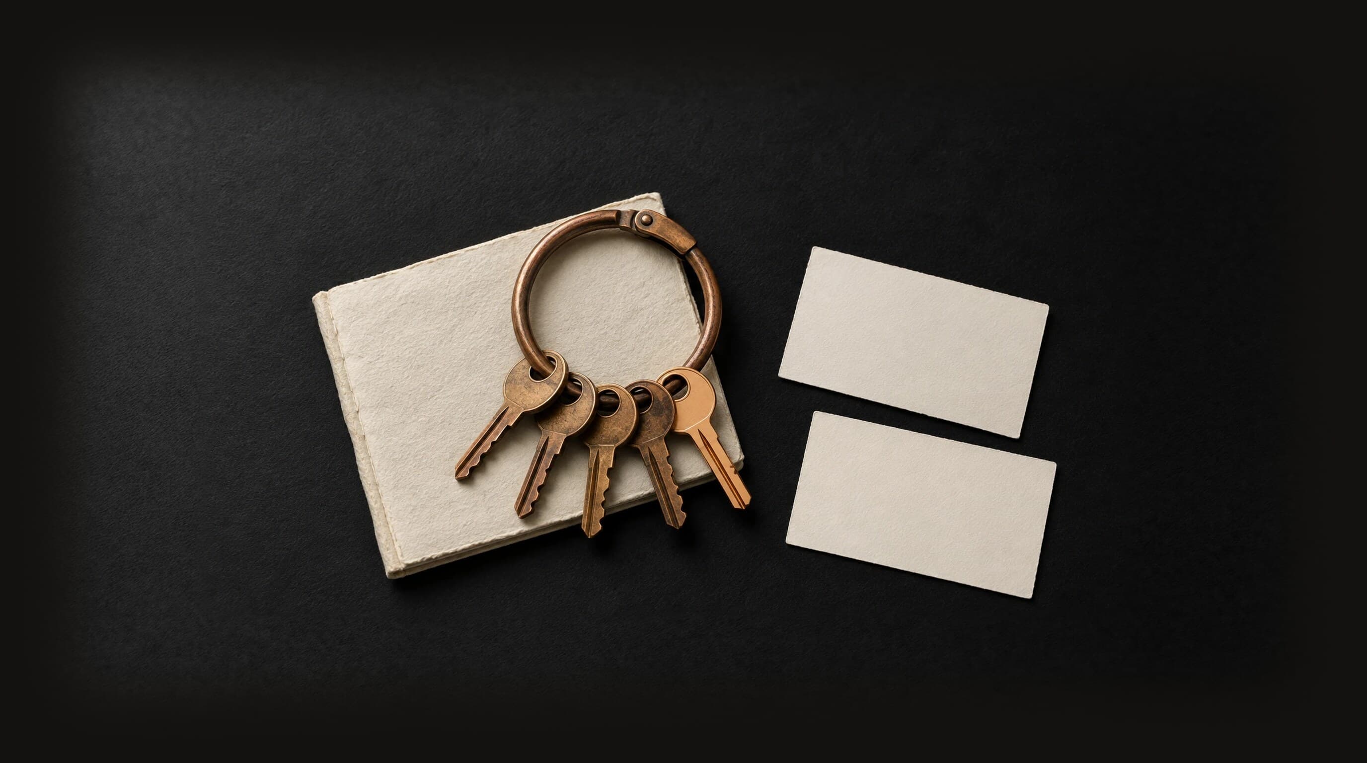 A copper hinged key ring holding five keys, four worn with age and one bright and new, resting on a blank cream folio beside two blank cream cards on a dark charcoal field, representing a provider trusted over years and room for the next relationship.