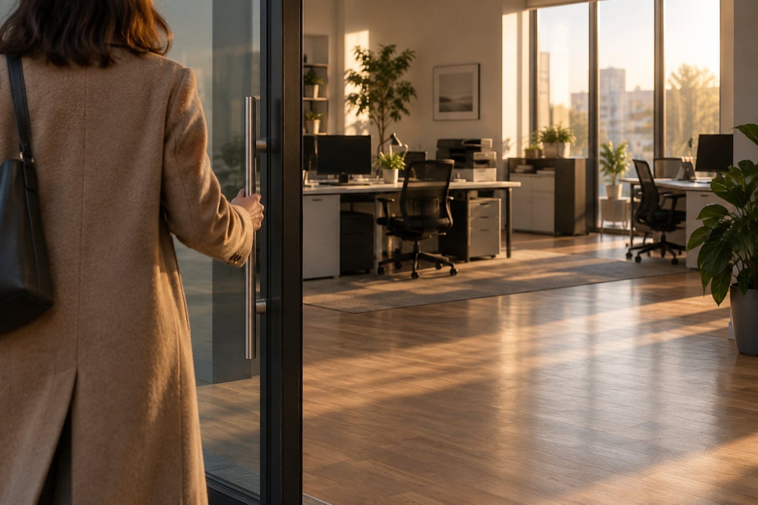 Someone in a camel coat pulling open the glass door of a small office at first light, the desks beyond quiet and ready, the monitors dark, and low sun across the floor.