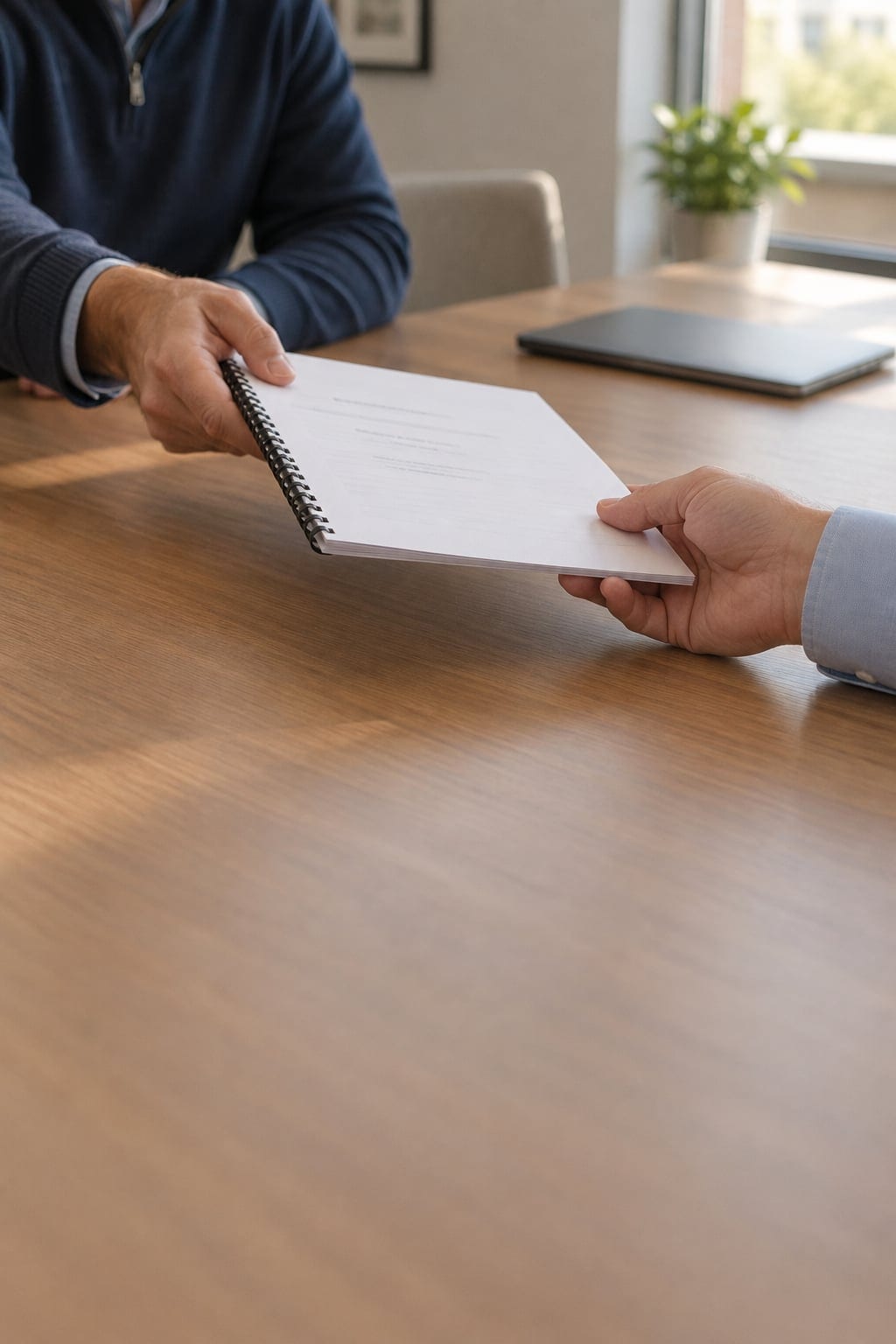 Across a conference table in morning light, one person hands a spiral-bound report to another, who reaches to take it.