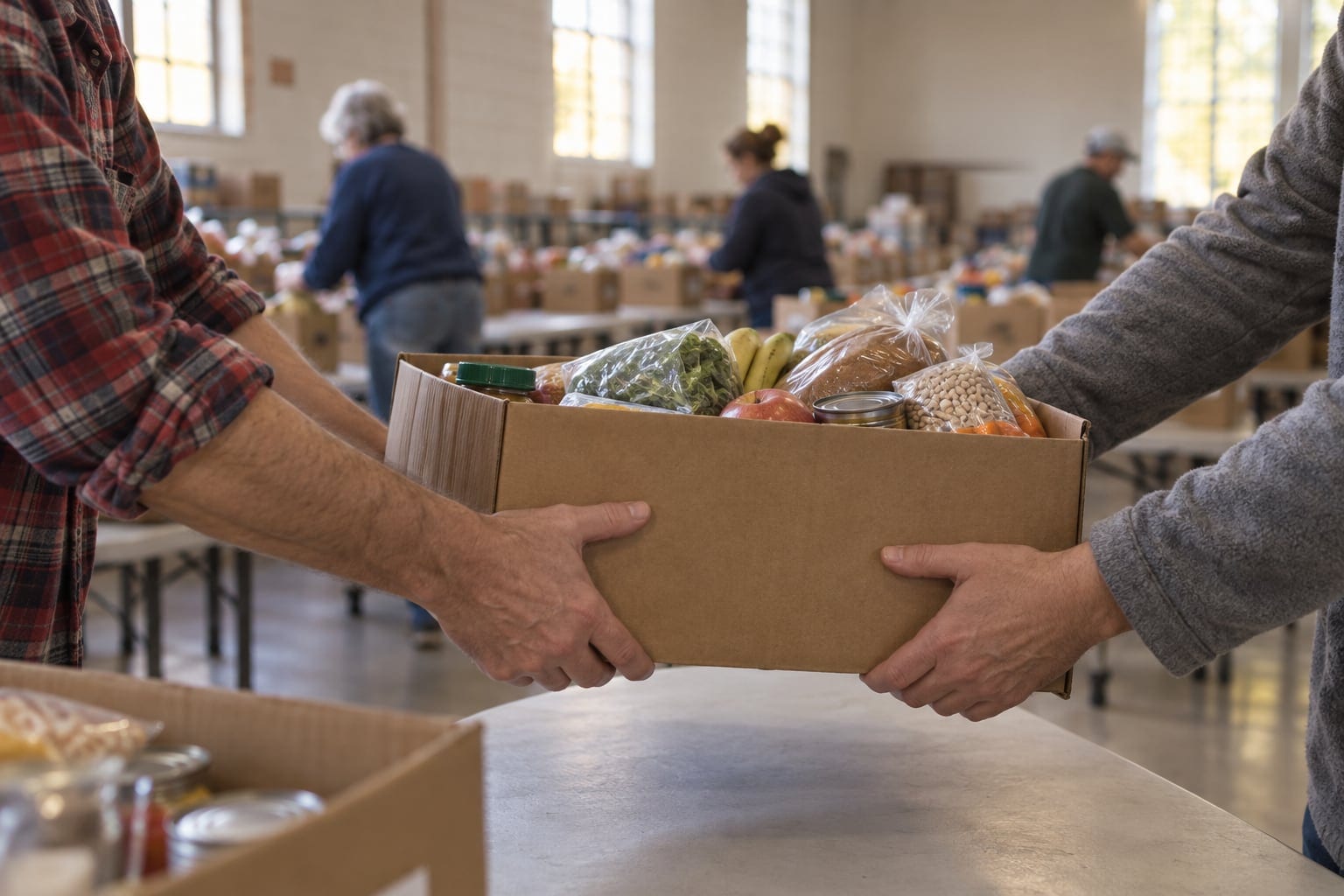 Two volunteers' hands passing a full box of groceries across a folding table in a community hall, with more volunteers packing boxes behind them.