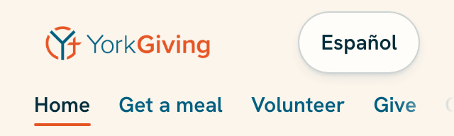 The header of the yorkgiving.com website: its logo, an Español button, and links to Get a meal, Volunteer, Give, and Case workers.