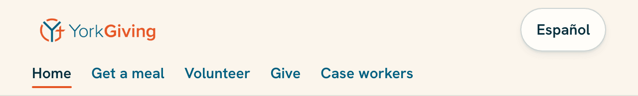 The header of the yorkgiving.com website: its logo, an Español button, and links to Get a meal, Volunteer, Give, and Case workers.