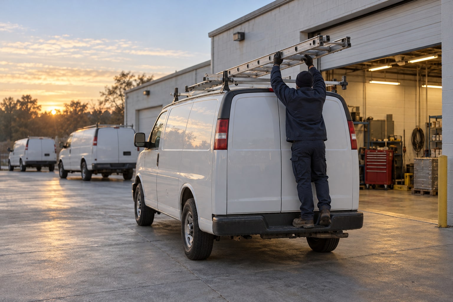 At sunrise, a technician seen from behind stands on the rear bumper of a white service van and slides a long ladder onto its roof rack, beside a shop's open roll-up door, with two more white vans parked beyond.