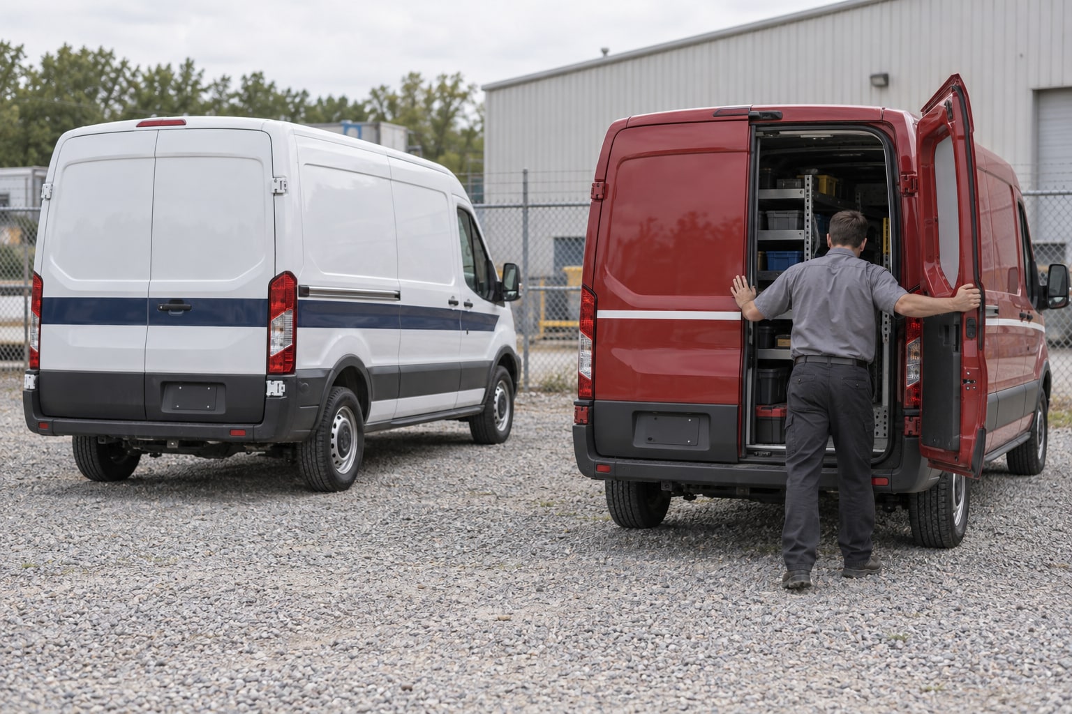 Two unlettered service vans parked side by side in a gravel yard, one white with a navy band along its side and one red with a thin white line, while a technician seen from behind holds open the red van's rear doors.