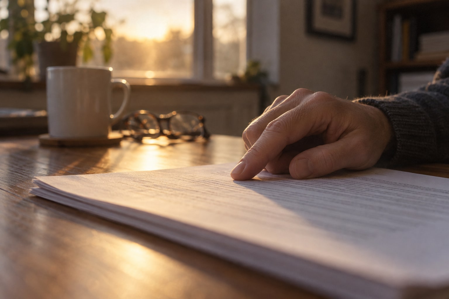 Late afternoon sun across an owner’s desk: a hand rests on a printed report, one finger holding a place partway down the page, beside a white mug and folded reading glasses.
