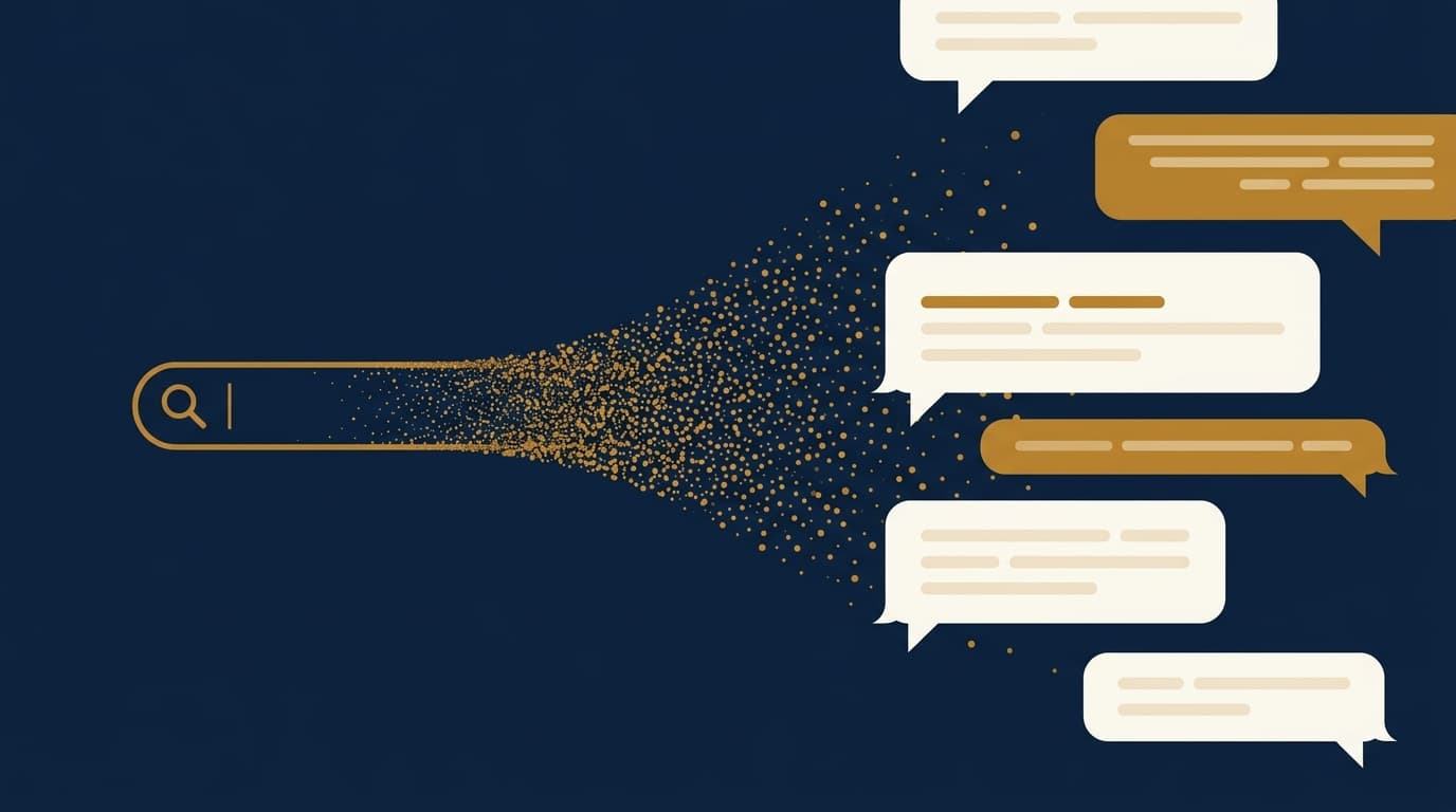 Abstract illustration of a search bar dissolving into AI chat bubbles in navy and amber