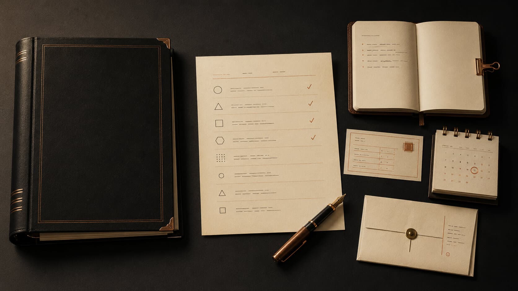 Top-down editorial still life on a charcoal desk: a closed black leather policy binder on the left, beside a cream-paper AI inventory register marked with copper checkmarks, an open notebook, a small card embossed with a microchip icon, a calendar with a copper-circled quarterly date, a fountain pen, and a vendor renewal envelope.