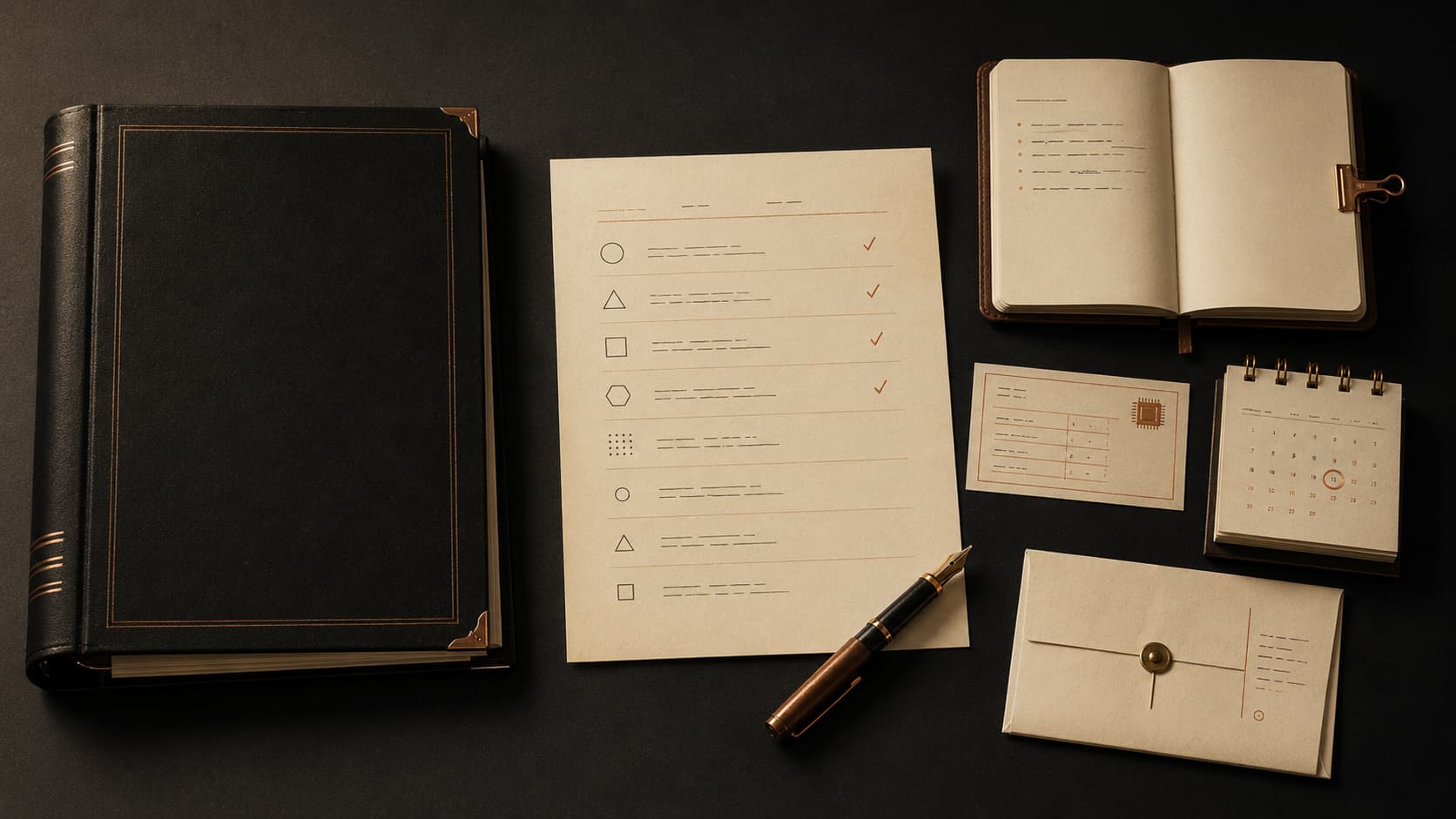 Top-down editorial still life on a charcoal desk: a closed black leather policy binder on the left, beside a cream-paper AI inventory register marked with copper checkmarks, an open notebook, a small card embossed with a microchip icon, a calendar with a copper-circled quarterly date, a fountain pen, and a vendor renewal envelope.