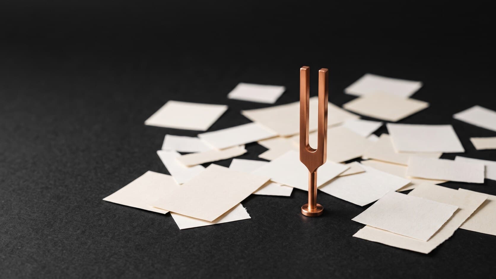 Copper tuning fork standing upright in sharp focus among scattered blank cream paper notes fading into shadow, representing one clear signal amid marketing activity.