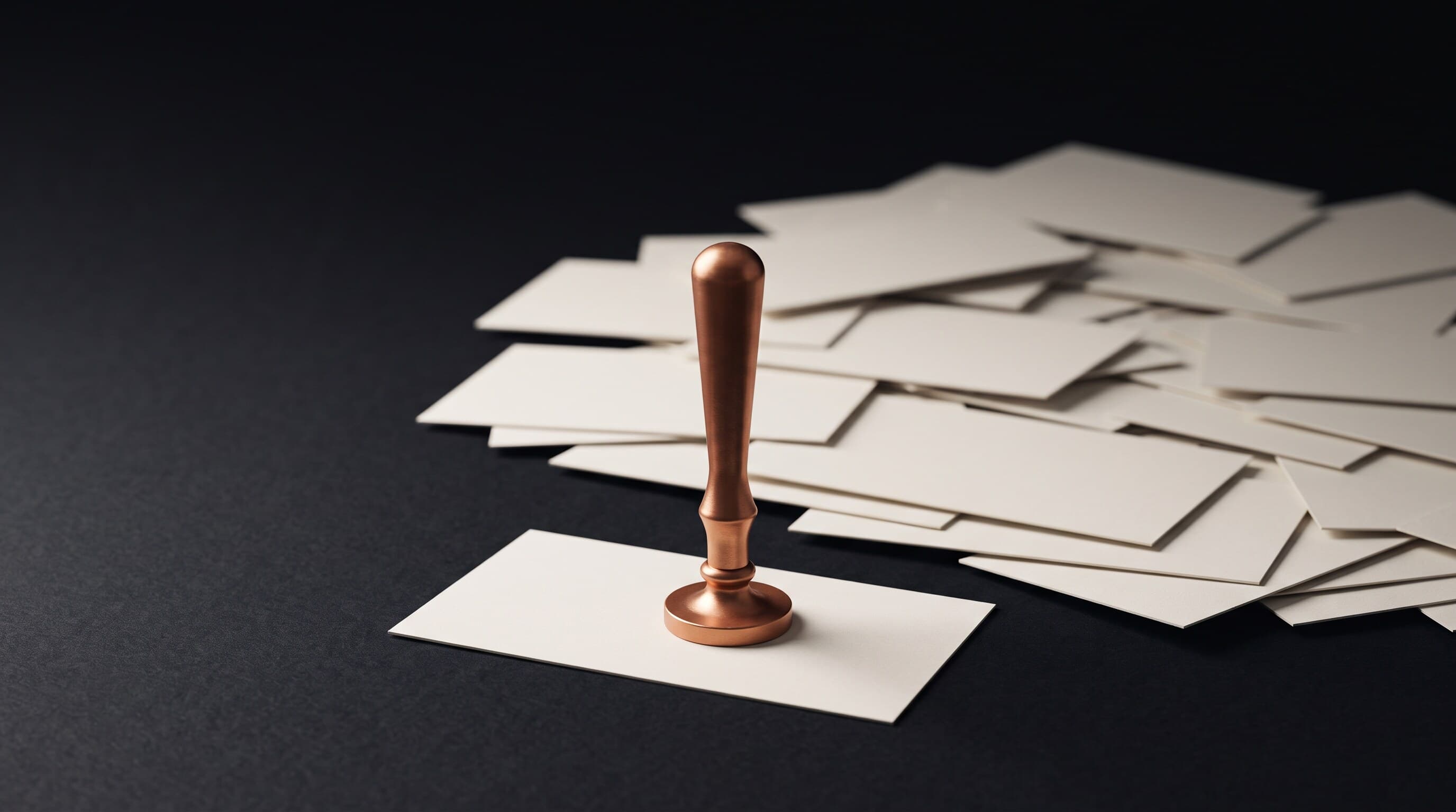 A copper desk seal standing on a single blank cream card, set apart from a large drift of identical blank cream cards piling into shadow, representing one owned signal amid compounding noise.