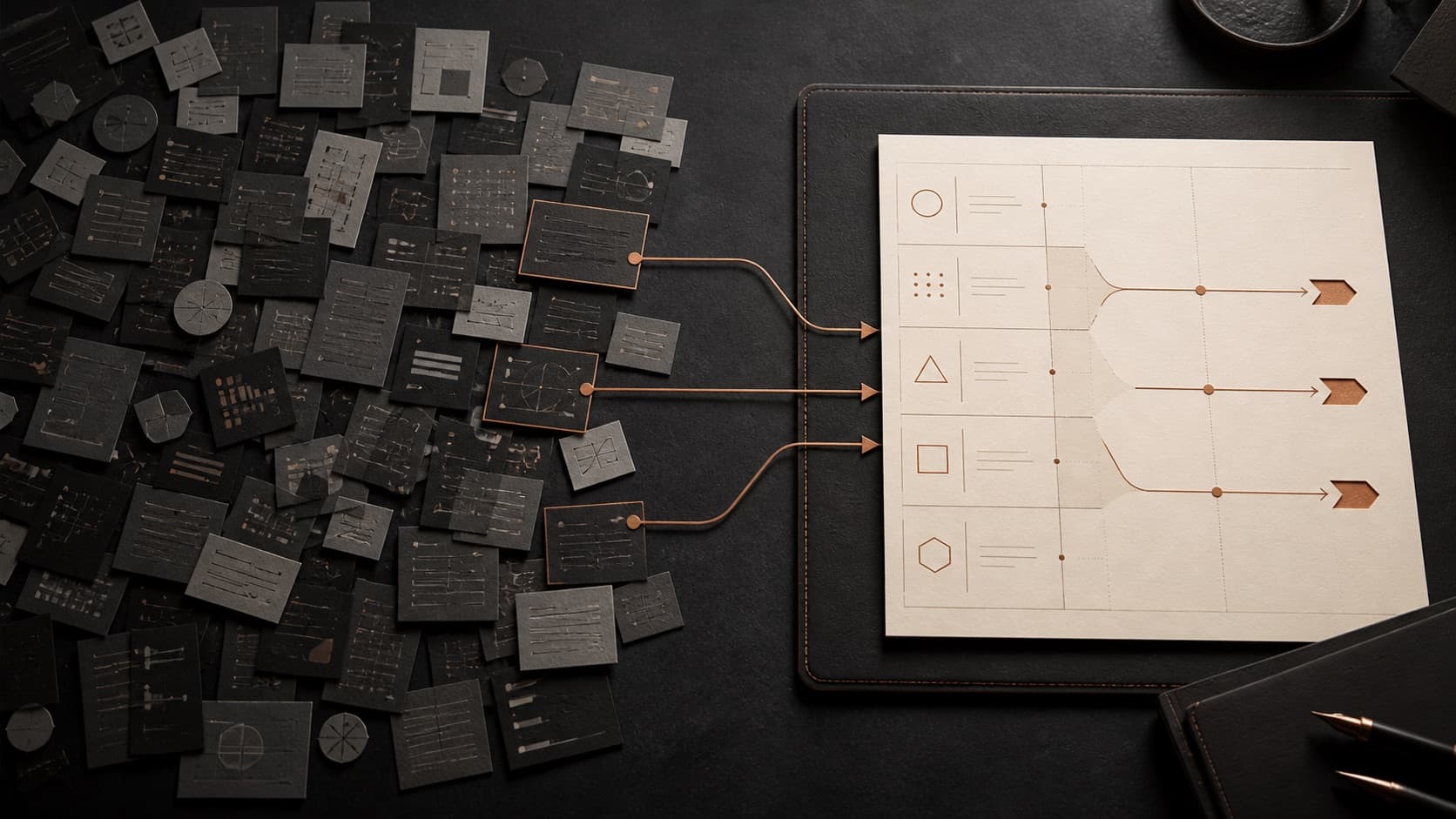 Paradox of choice with AI diagram showing crowded tool, use case, and operating choices filtered through a decision system into focused application.