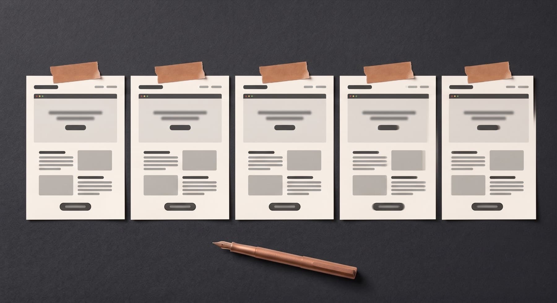 Five near-identical website wireframe mockups in a row with their logos covered by strips of copper tape, beside a copper fountain pen, so the sites read as indistinguishable from one another.