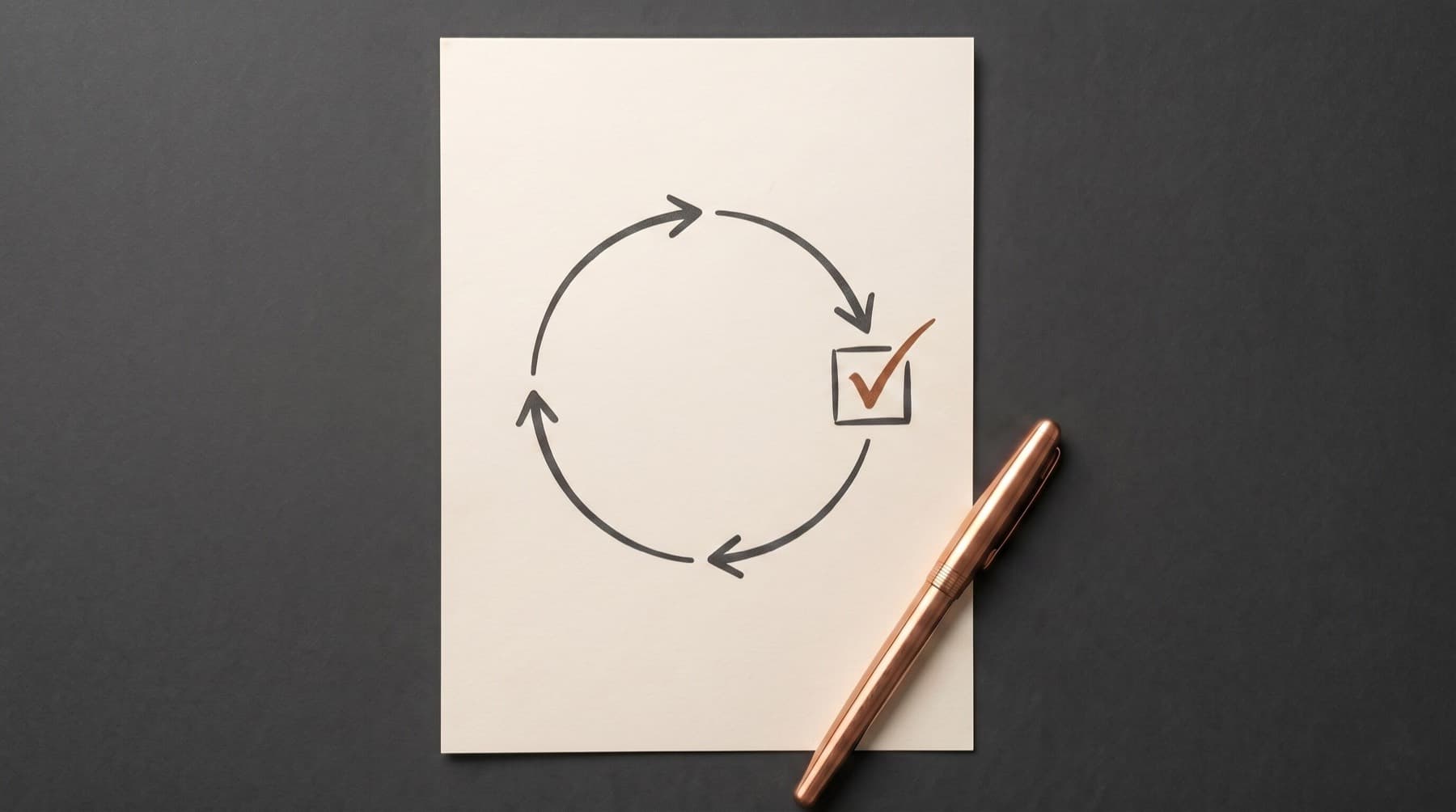 A hand-drawn loop of two arrows circling back to a checkbox with a copper check mark, beside a copper pen on a charcoal desk, representing an AI loop that checks its own work before it stops.