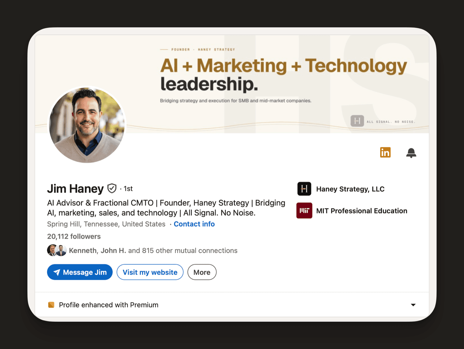 Jim Haney's LinkedIn profile as a prospect sees it: AI plus marketing plus technology leadership, verified, with a five-figure follower count