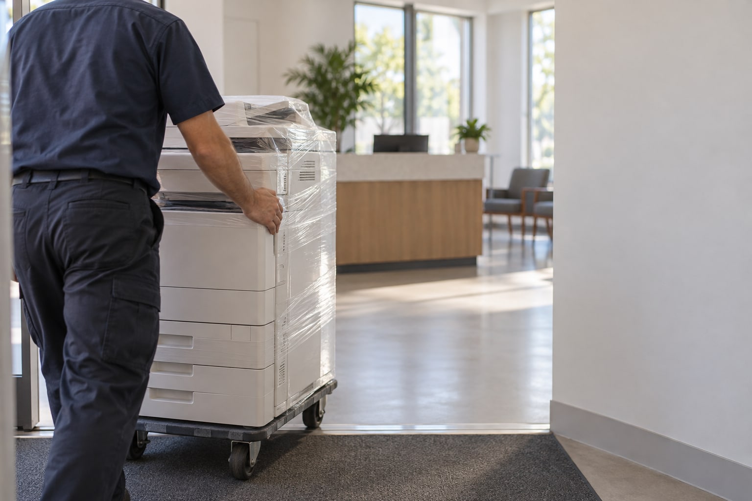 From behind, a delivery technician in a navy uniform wheels a new copier, still wrapped in clear film, across the threshold into a bright office reception with a wood desk, two chairs, and tall windows.