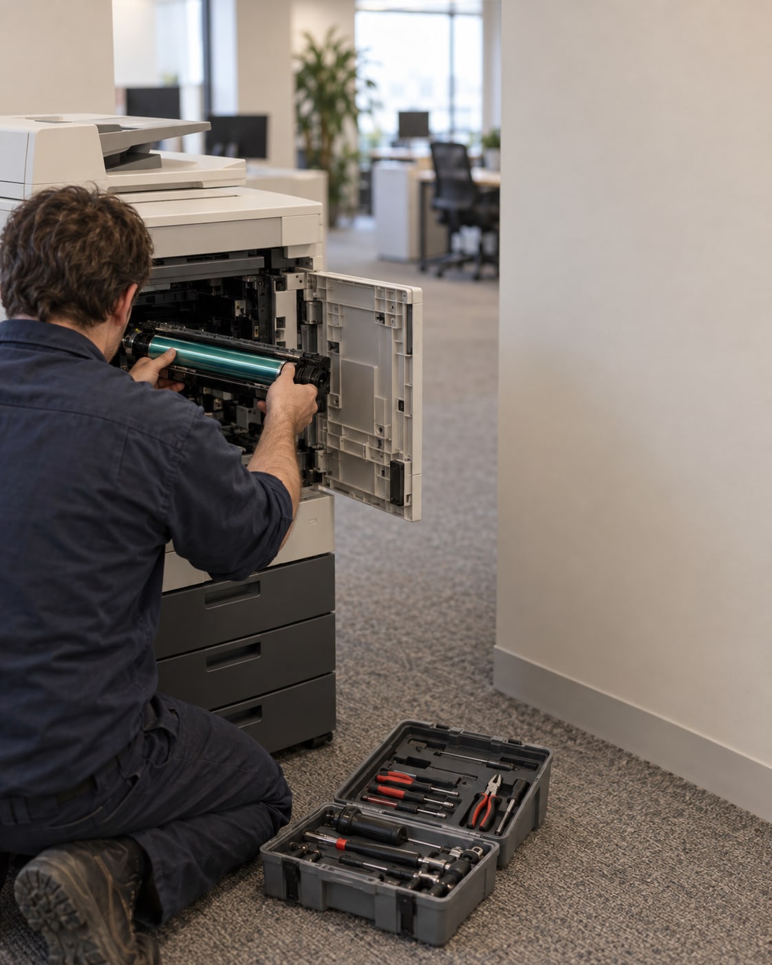 A service technician in a navy work shirt kneels at an office copier in a carpeted hallway, its front door open, sliding a drum unit into place, an open tool case on the carpet beside the machine and a quiet open office beyond.